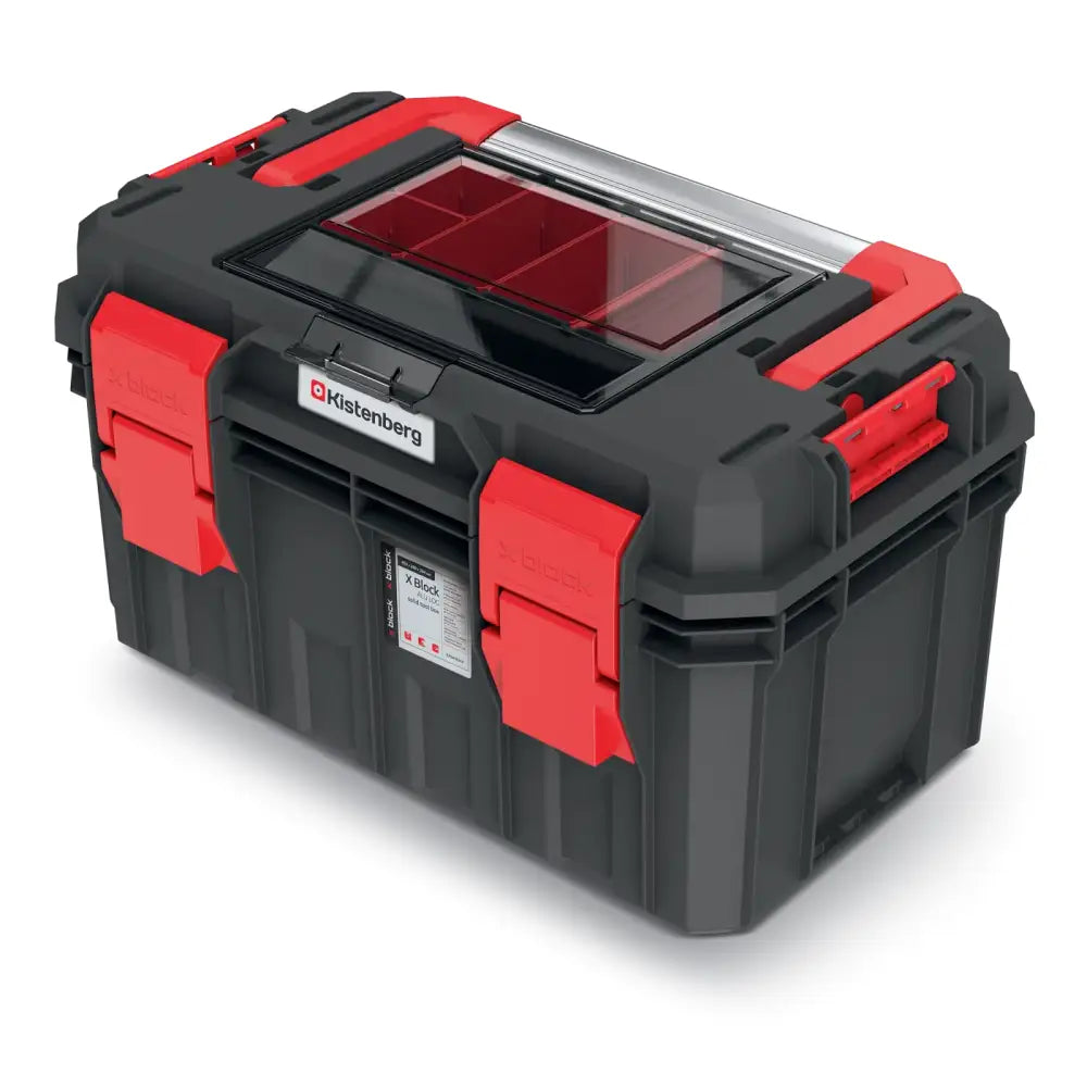 Verktøykasse S-Block Alu-Log, sort plastkasse med røde låser og gjennomsiktig lokk med rom, skrå vinkel.