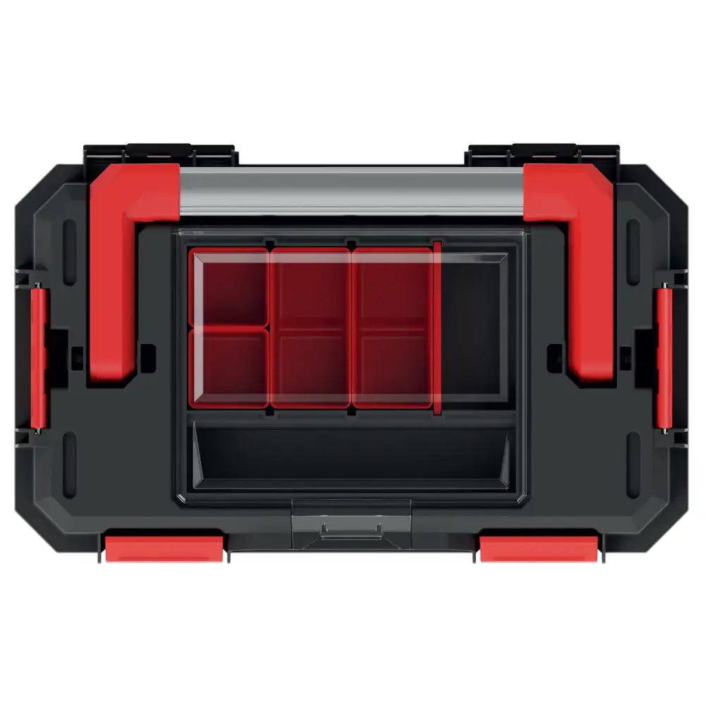 Verktøykasse S-Block Alu-Log 45 sett ovenfra, viser rominndeling og røde detaljer under klart lokk.