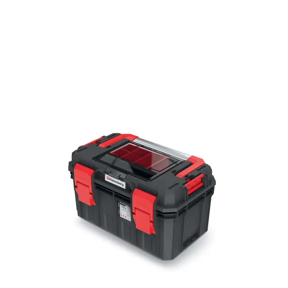 Verktøykasse S-Block Alu-Log 45, svart plast med røde låser, sett skrått forfra, lokk med gjennomsiktig rom.