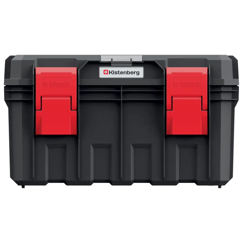 Verktøykasse S-Block Alu-Log, frontbilde med to røde låser og metallbeslag på lokket.