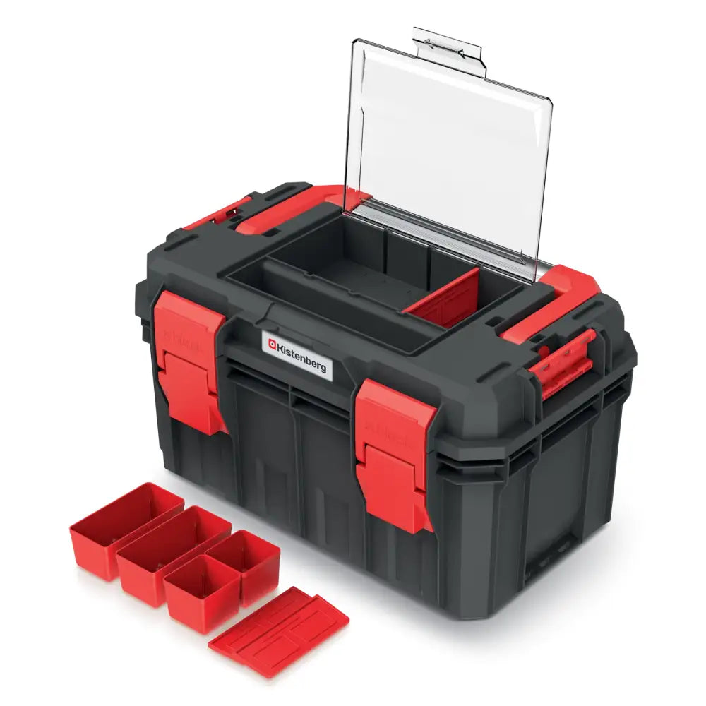 Verktøykasse S-Block Alu-Log 45 med åpent lokk, uttakbare røde smårom og to røde frontlåser.
