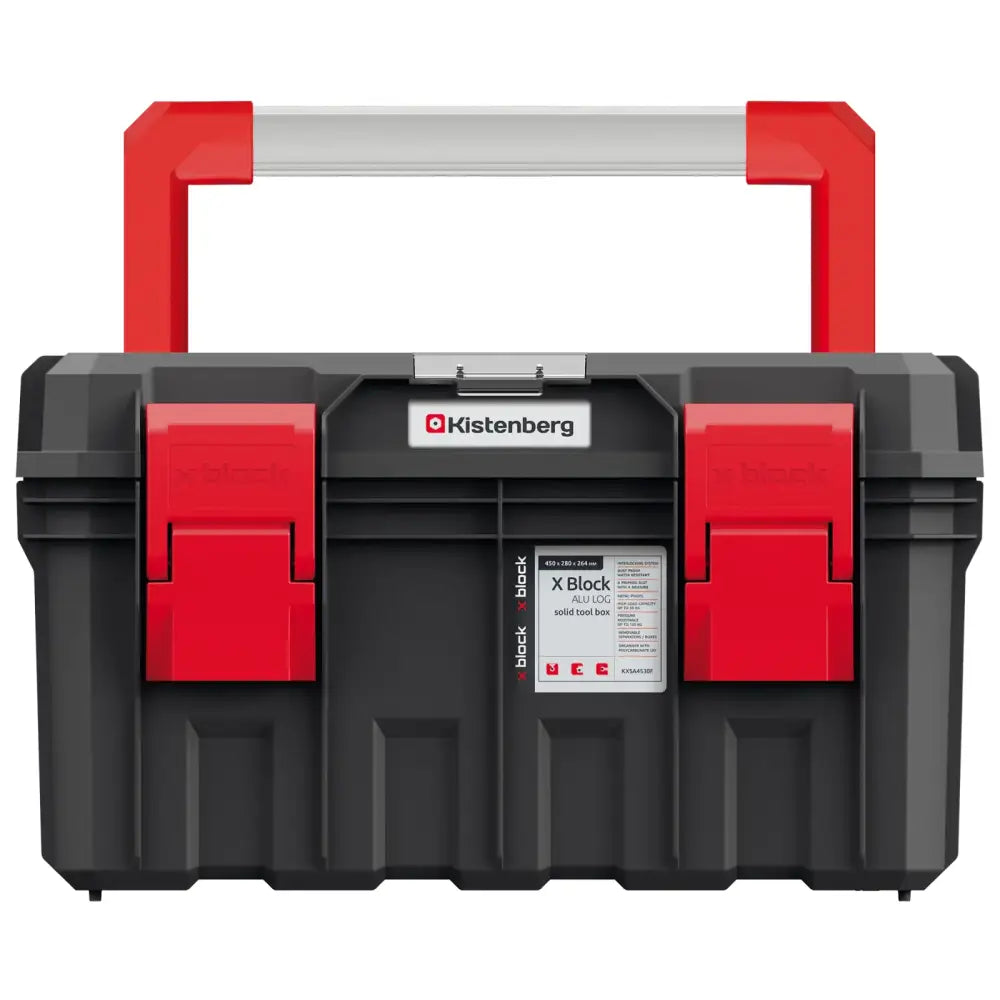 Verktøykasse S-Block Alu-Log 45 sett forfra, med rødt håndtak, røde låser og informasjonsklistremerke.