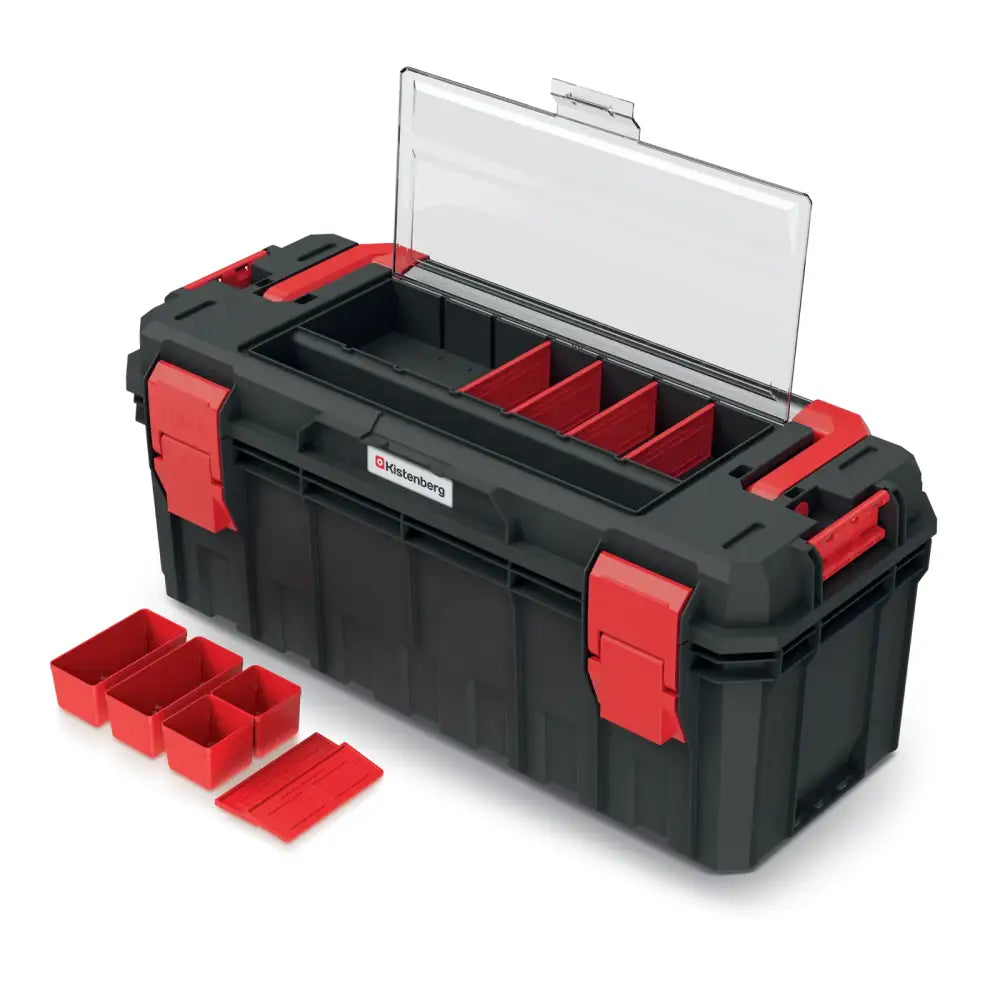 Verktøykasse S-block Alu Log 65, skråvisning med åpent lokk og uttakbare små rominndelinger foran.