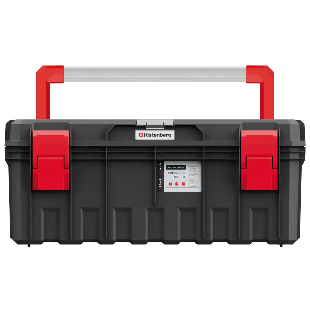 Verktøykasse S-block Alu Log 65, frontbilde som viser rødt bærehåndtak, to røde låser og informasjonsetikett.
