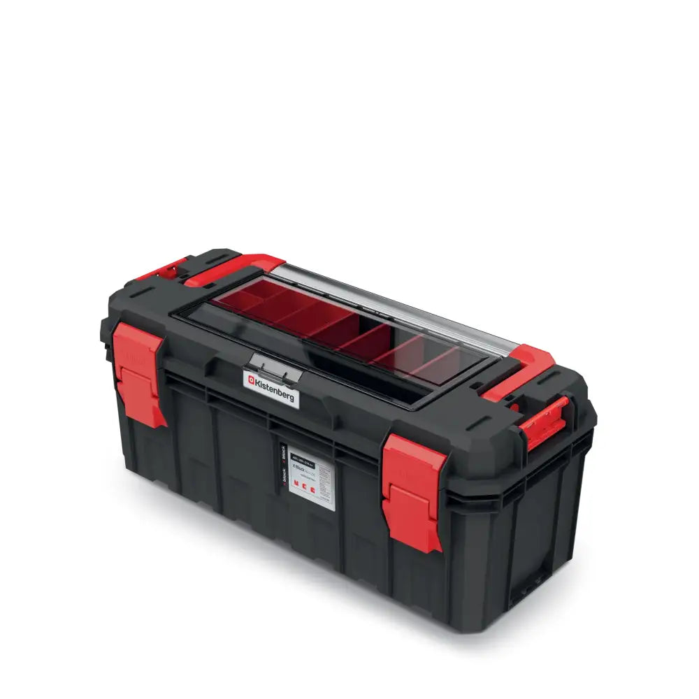 Verktøykasse S-block Alu Log 65, skråvisning med røde låser, håndtak og delt gjennomsiktig lokk.