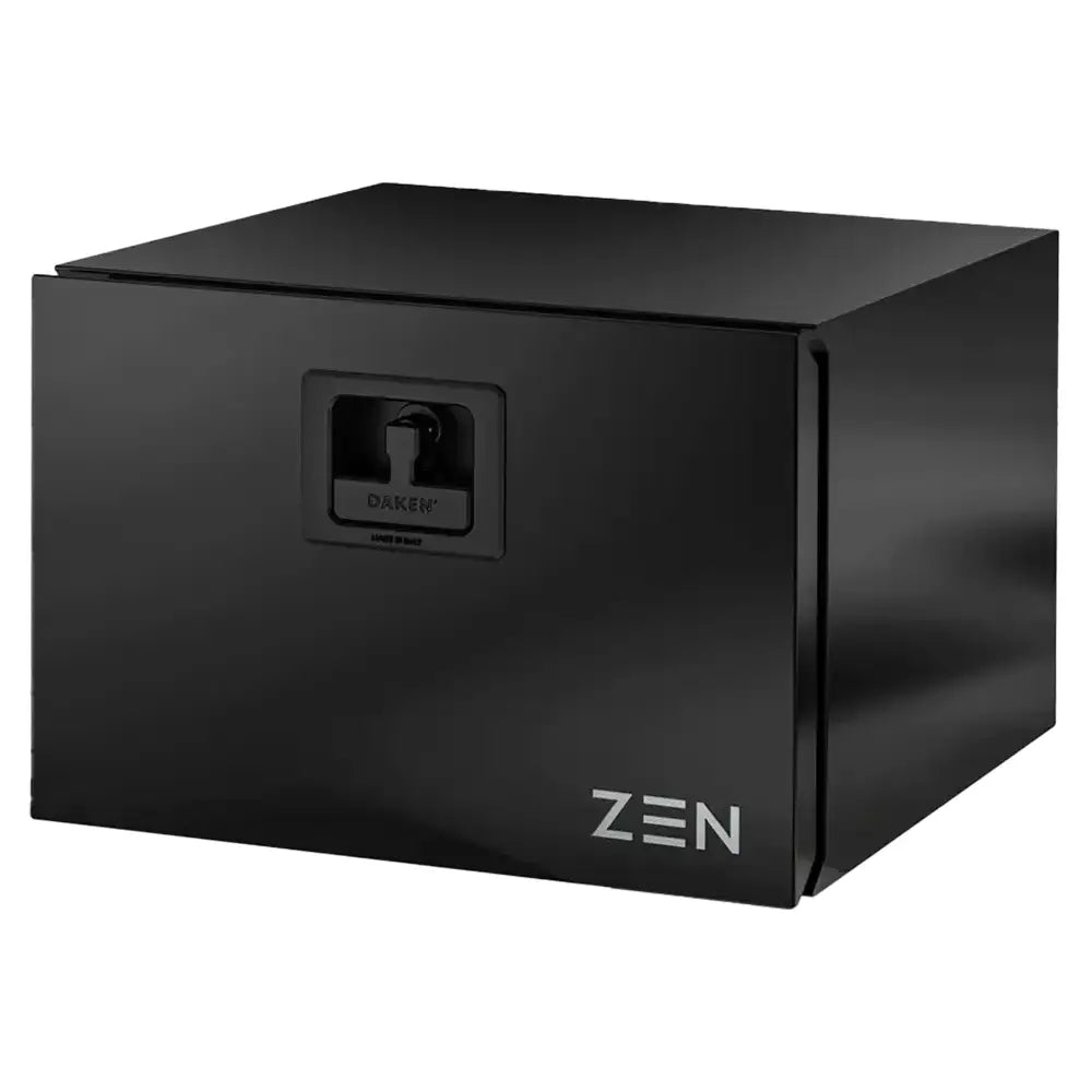 Verktøykasse i svart metall, skrå forfra med integrert sort håndtak og ZEN-logo nederst til høyre på fronten.