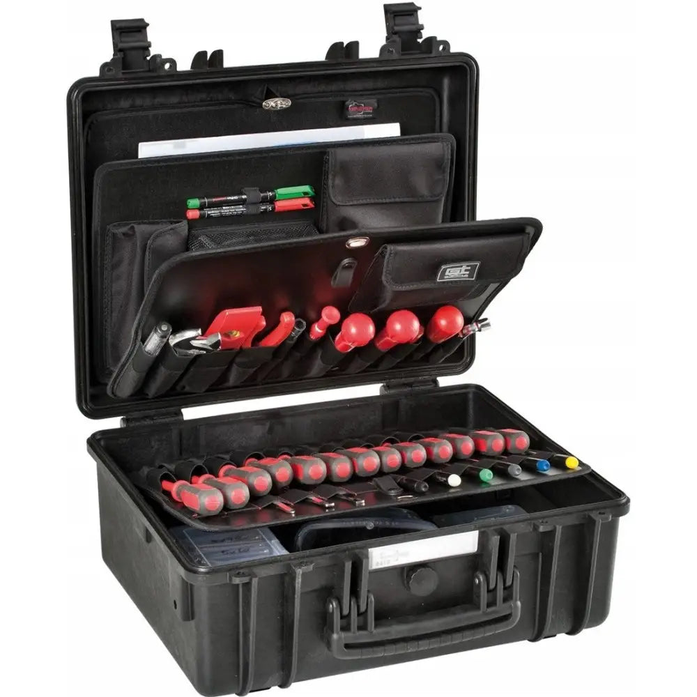 Verktøykoffert Organizer Beholder Gt Line åpen fra skrå vinkel, fylt med verktøy og organiserte lommer i lokket.