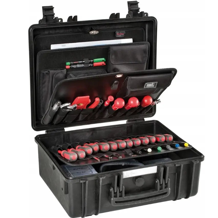 Verktøykoffert Organizer Beholder Gt Line, åpen visning med røde håndverktøy og penner i elastiske lommer.