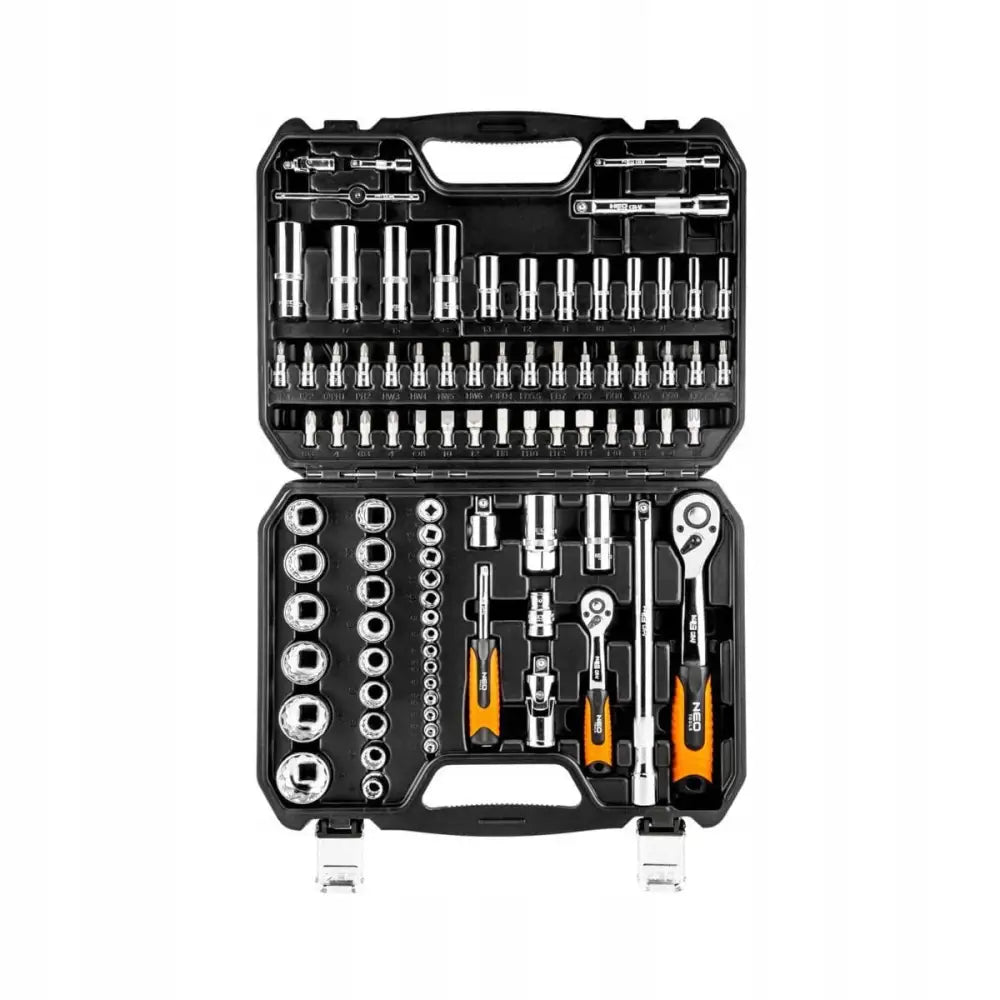 Verktøysett med 86 deler i sort koffert, åpnet for å vise piper, skralle og oransje håndtak.