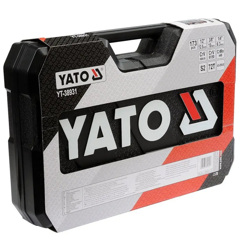 Verktøysett 1/2", XXL 173 deler i sort og grå plastkoffert, skrå vinkel med synlige logoer og spesifikasjoner.