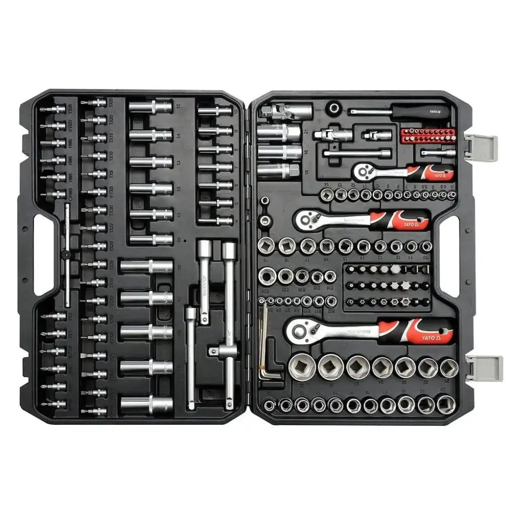 Verktøysett 1/2" XXL, åpent sort etui sett ovenfra med 173 organiserte verktøydeler, inkludert pipehoder og skralle.