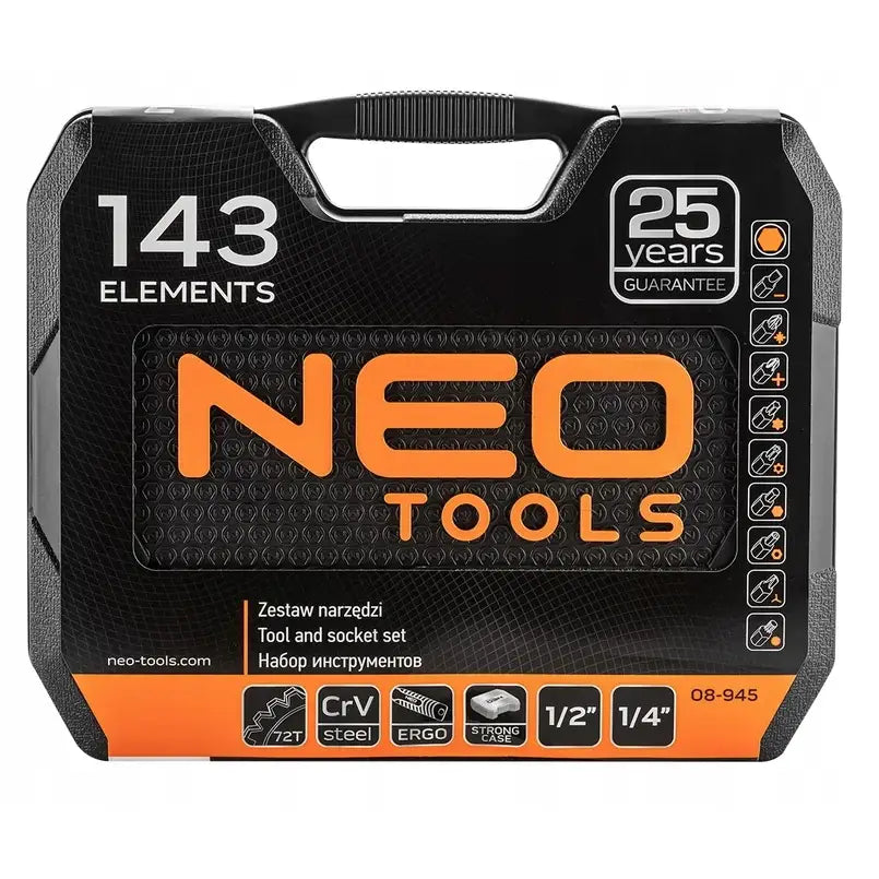 Verktøysett med 143 deler i sort og oransje koffert, NEO Tools-logo og produktinformasjon synlig på fronten.