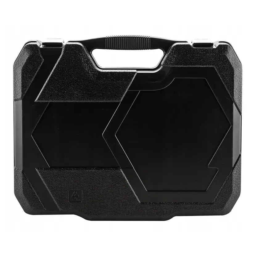 Verktøysett med 143 deler i svart hardplastkoffert, frontvisning med tydelig bærehåndtak og geometriske detaljer.