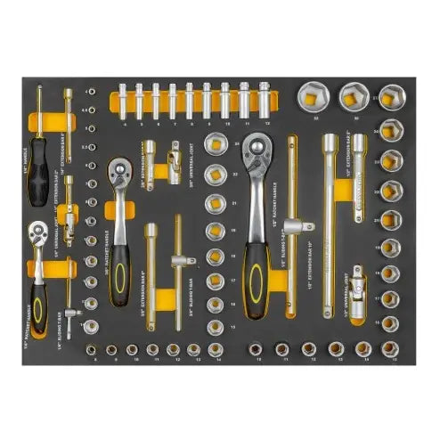 Verktøysett med 156 deler, oversiktsbilde av kromverktøy og piper arrangert i gulskummet innsats.