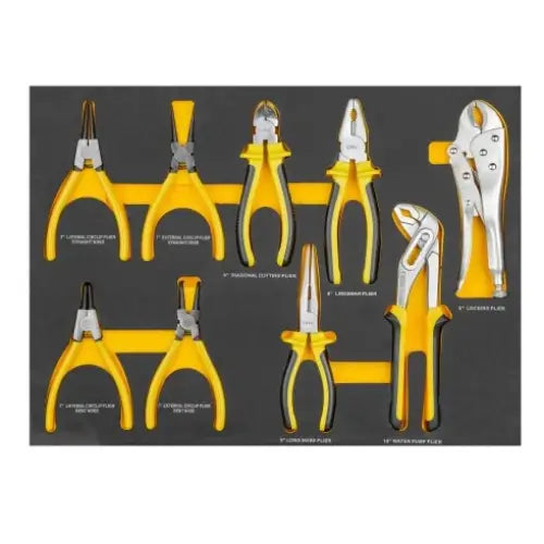 Verktøysett tenger, åtte ulike modeller med gule og sølv håndtak plassert i sort oppbevaringsbrett.