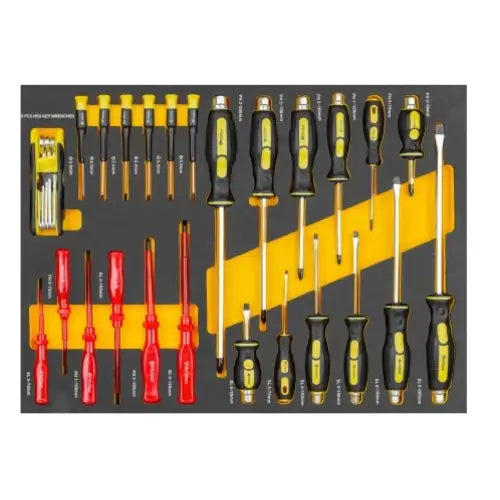 Verktøysett med skrutrekkere og unbrakonøkler, sortert i sort brett med gule markeringer og fargerike håndtak.