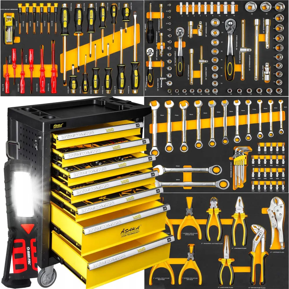 Verktøysett med 156 deler, sort og gul vogn med seks åpne skuffer fylt med organiserte håndverktøy.