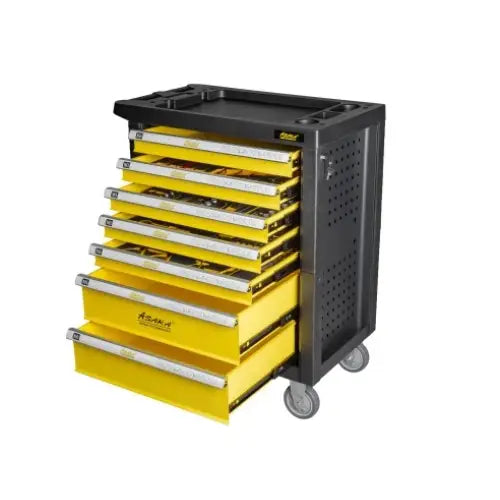 Verktøysett i sort vogn med seks gule skuffer i ulik åpning, vist fra høyre halvprofil med hjul og perforerte sider.