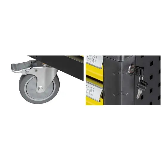 Verktøysett, detalj av grått hjul med brems og låsbar metallramme ved siden av gule skuffer.