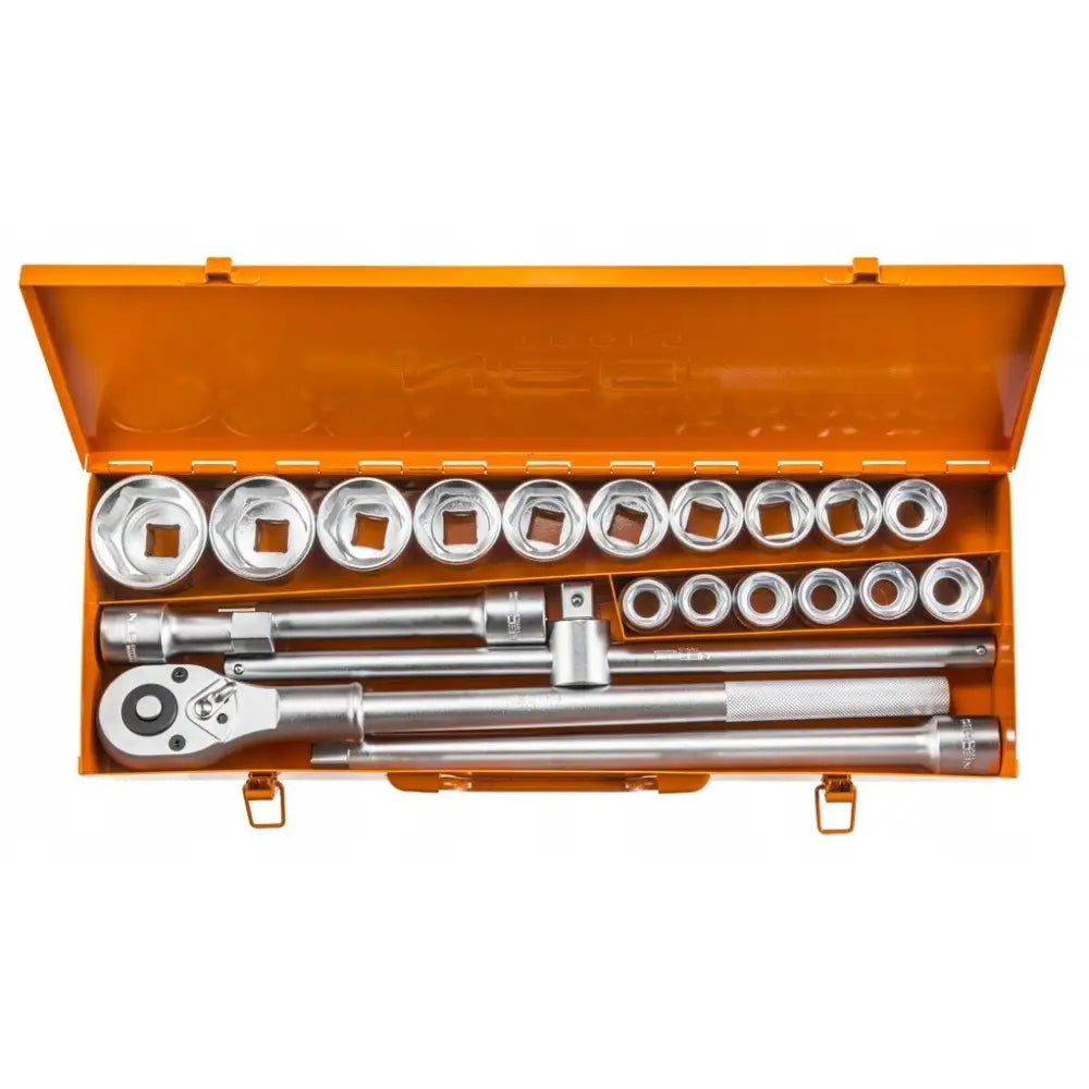 Verktøysett 3/4-tommer med 21 deler, oversiktsbilde av piper og skralle i åpen oransje koffert.