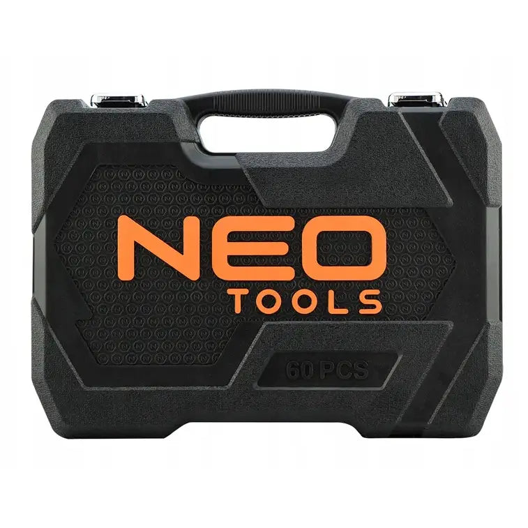 Verktøysett i sort koffert, frontvisning med oransje NEO TOOLS-logo og tydelig markering av 60 deler på lokket.