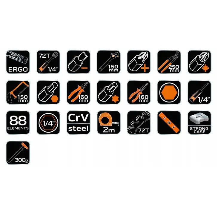 Verktøysett Neo, oversikt over innhold og materialspesifikasjoner illustrert med sorte og oransje ikoner.