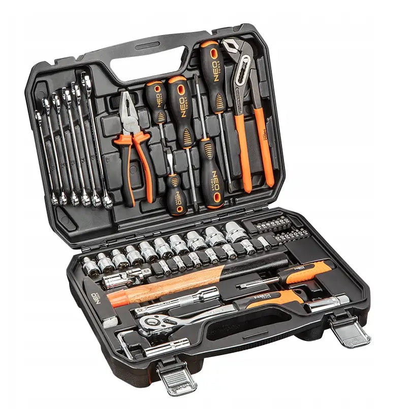 Verktøysett Neo Universal, åpen koffert med 56 deler sett fra skrått toppperspektiv, alt organisert.