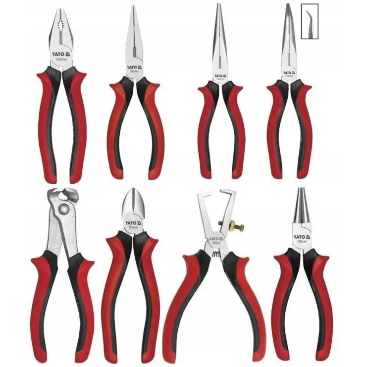 Verktøysett med åtte ulike tenger, svarte og røde håndtak, vist forfra på hvit bakgrunn.