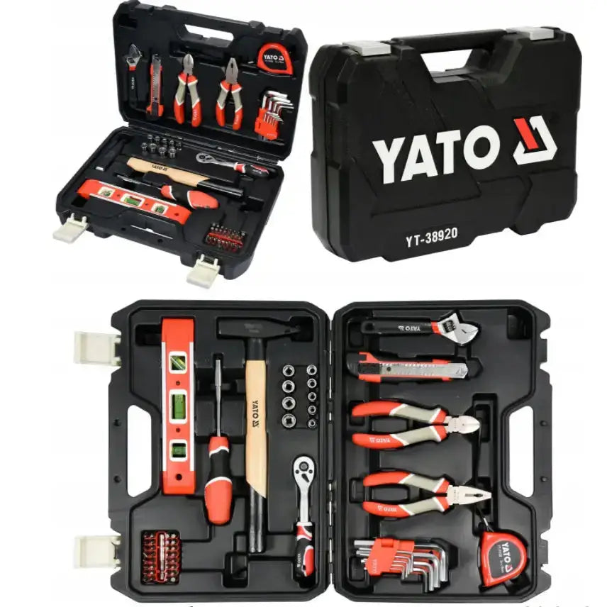Verktøysett YATO 60 deler, åpen og lukket sort koffert med organiserte håndverktøy i svarte og røde detaljer.