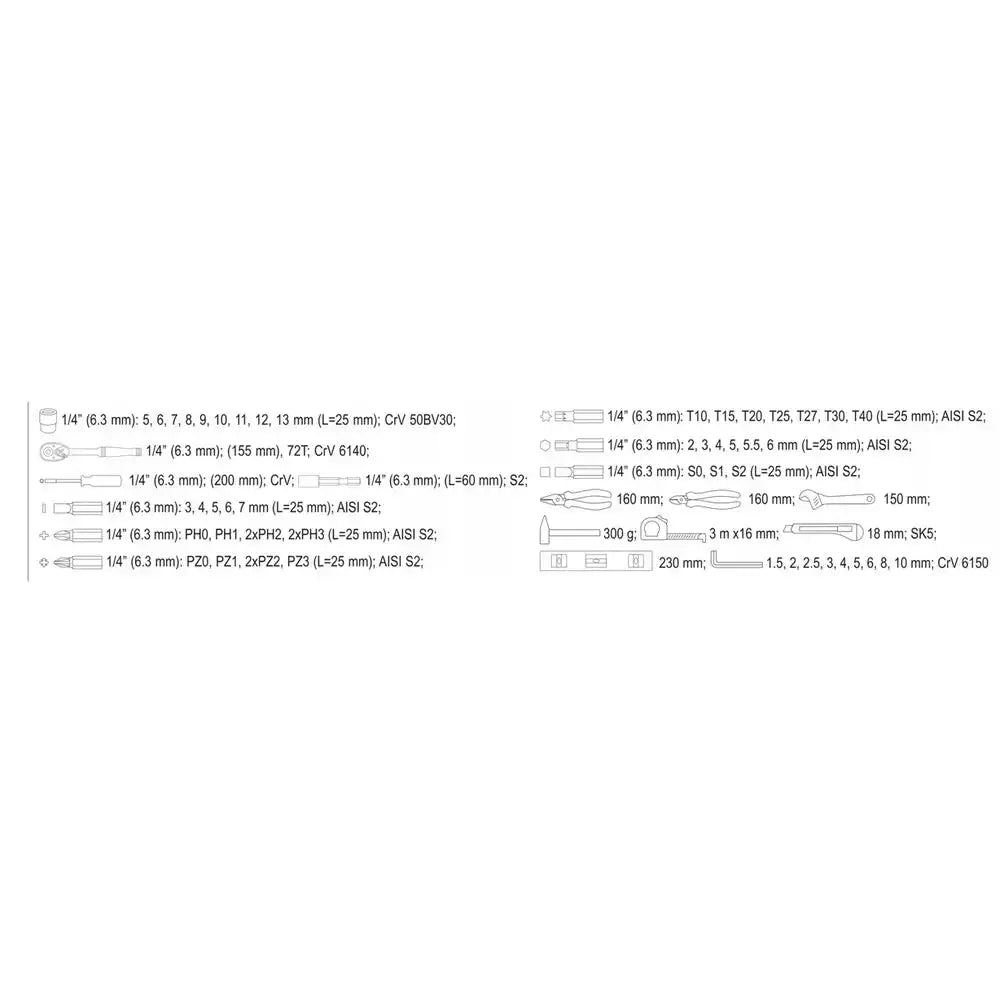 Verktøysett YATO 60 deler, illustrasjon av alle deler med mål, inkludert bits, piper og skralle på hvit bakgrunn.