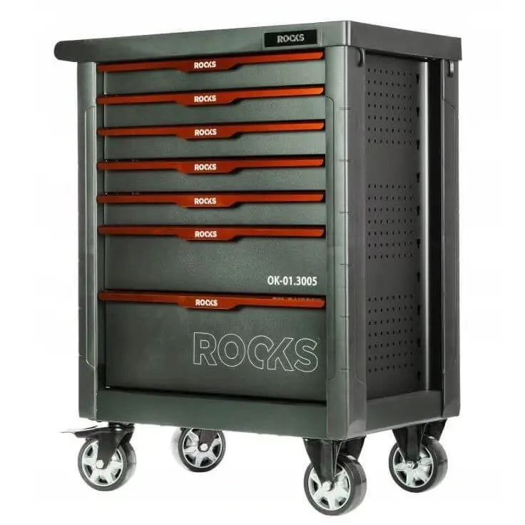 Verktøyskap for garasje, sort metallvogn med seks røde skuffehåndtak, store hjul og perforerte sider.