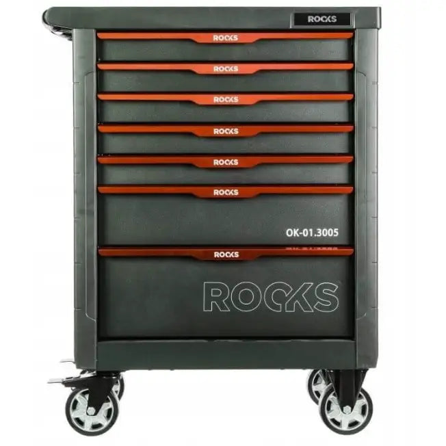 Verktøyskap for garasje, sort metallvogn med sju skuffer, røde håndtak og hjul, frontvisning.