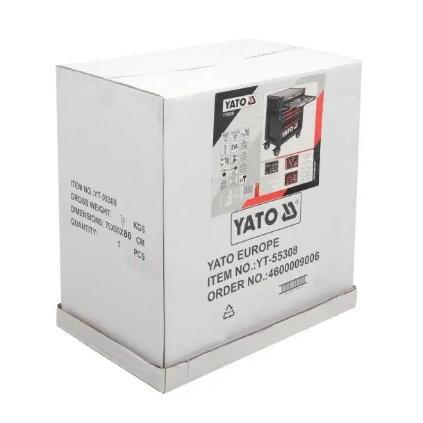 Verktøyskap med 157 verktøy fra Yato i original emballasje, skrått fotografert med synlige spesifikasjoner og strekkode.