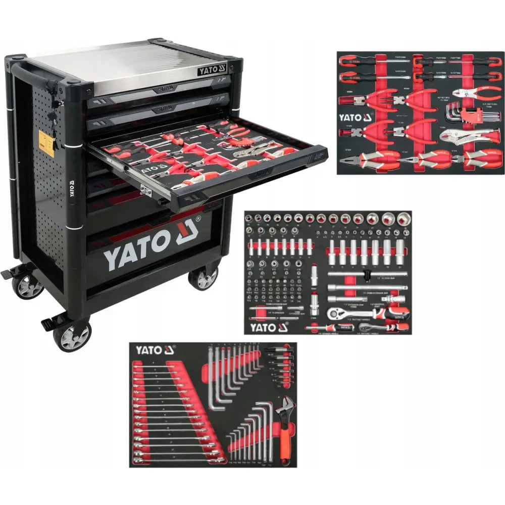 Verktøyskap fra Yato med åpen skuff, organisert rødt og svart verktøy samt detaljerte nærbilder av innholdet.