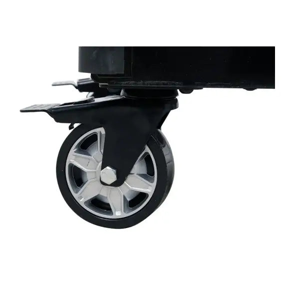 Verktøyskap fra Yato, sidevisning av solid gummihjul med låsemekanisme montert under skapet.