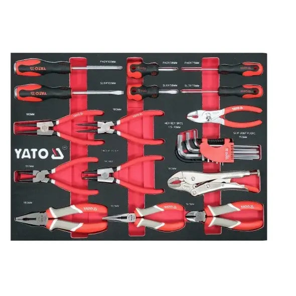 Verktøyskap med 157 verktøy, oversiktsbilde av sort og rødt sett i skuminnsats med tenger og skrutrekkere.