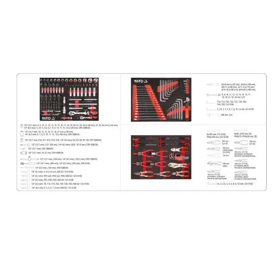 Verktøyskap med 157 verktøy, bilde som viser tre ulike håndverktøysett med størrelser og detaljerte beskrivelser.