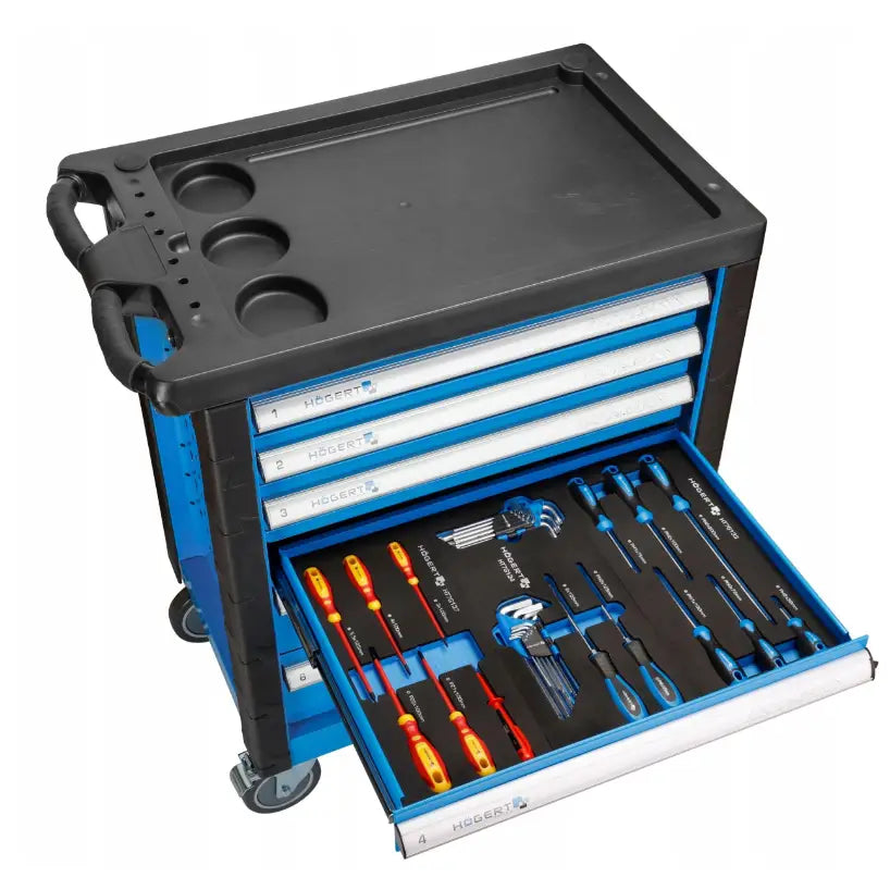 Verktøyskap med 171 deler, skrå oversikt med åpen skuff som viser sorterte skrutrekkere og unbrakonøkler.