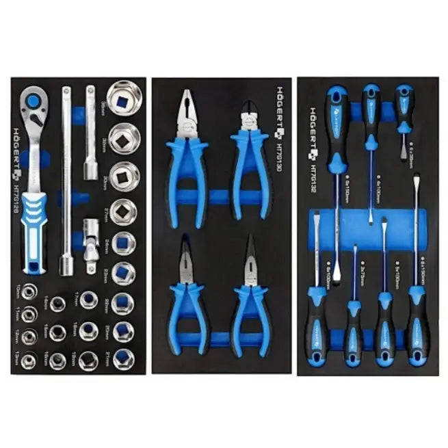 Verktøyskap med 171 deler, oversiktsbilde av sort skuff med blå og sølv verktøy i ordnede seksjoner.