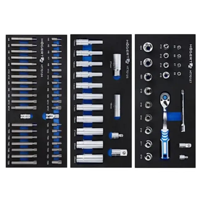 Verktøyskap med 171 deler, sort skuminnlegg med sølv- og blått verktøy systematisk sortert ovenfra.