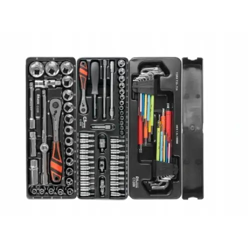 Verktøyskap Richmann, oversikt over sort verktøysett med fargerike sekskantnøkler og oransje håndtak i boks.