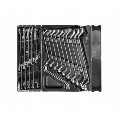 Verktøyskap Richmann, oversiktsbilde av kromfargede fastnøkler sortert i plastinnsats fra toppen.