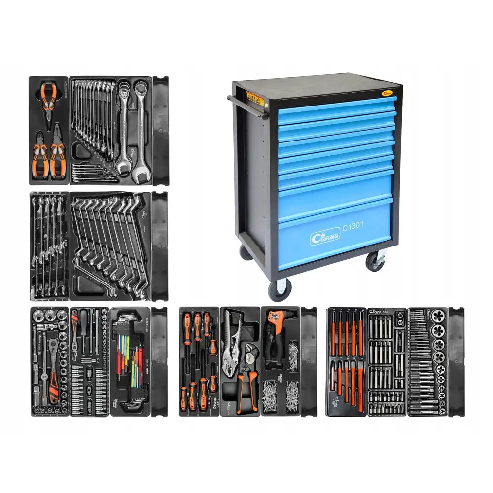 Verktøyskap Richmann i blått og svart, med åpne skuffer som viser sorterte håndverktøy i skuminnlegg.