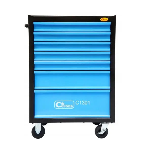 Verktøyskap Richmann, frontbilde som viser syv blå skuffer, sorte kanter, hjul og sidehåndtak.