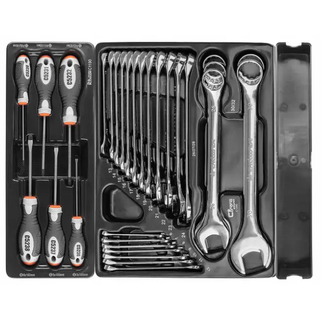 Verktøyskap Richmann, sort plastetui med sølvfargede skrutrekkere og nøkler, sett ovenfra.