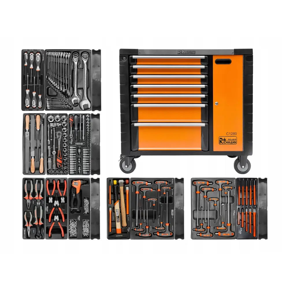 Verktøyskap Richmann, sort vogn med oransje skuffer, topp- og frontvisning av organiserte håndverktøy.