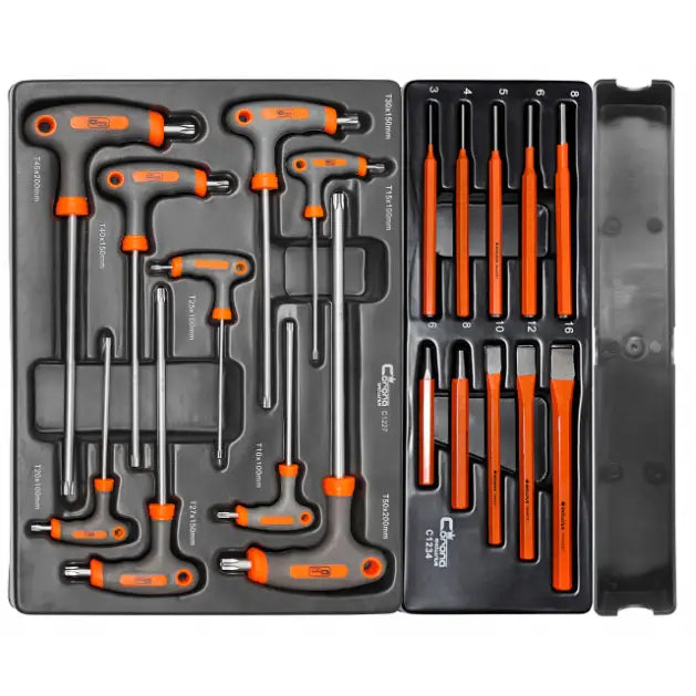 Verktøyskap Richmann, oversiktsbilde av t-nøkler og drivstifter med oransje håndtak i sort plastinnlegg.