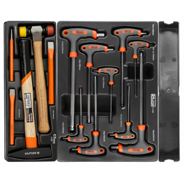 Verktøyskap Richmann, sort plastetui sett ovenfra med organiserte hammere, meiser og T-formede unbrakonøkler.