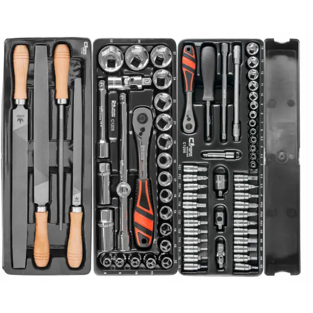 Verktøyskap med 7 skuffer, oversiktsbilde av filer med treskaft, pipesett og skrutrekkere i plastinnlegg.