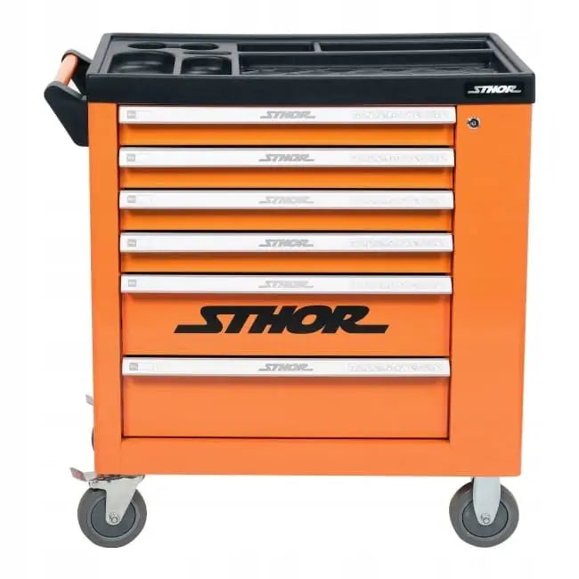 Verktøyskap Sthor i oransje metall, seks skuffer med sølvhåndtak og hjul, sett rett forfra.
